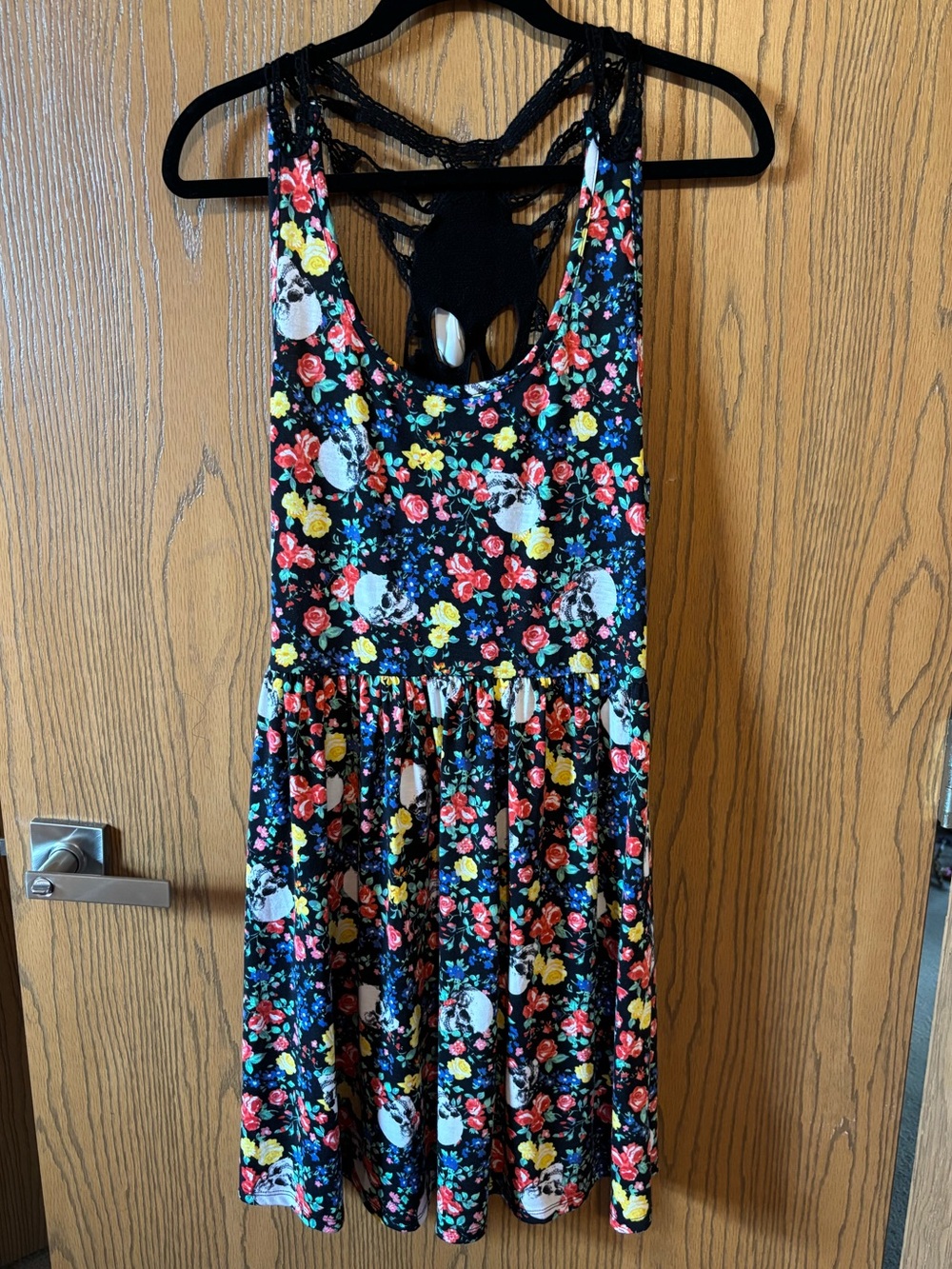 Black Floral & Skulls Skater Dress - Bright Multicolor Flowers